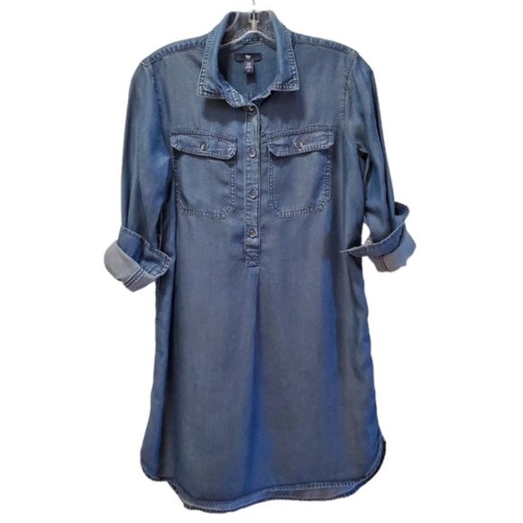 GAP Lightweight Blue Denim Long-Sleeve Collared Flap Pockets Shirt Dress Size XS - Picture 4 of 7
